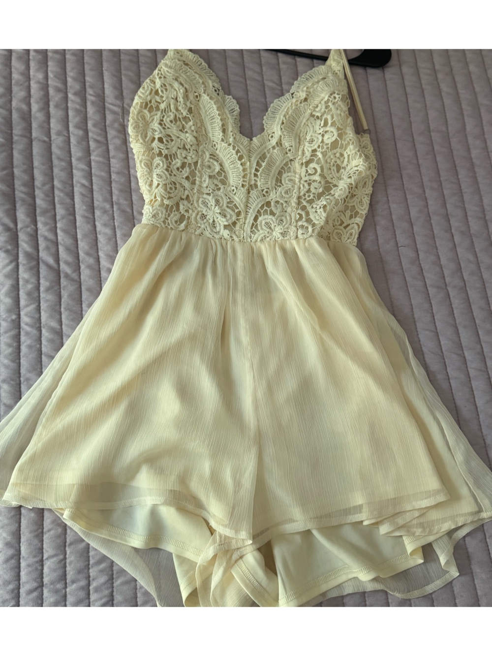 Cider Pale Cream Lightweight Romper with Lace Top and Open Back